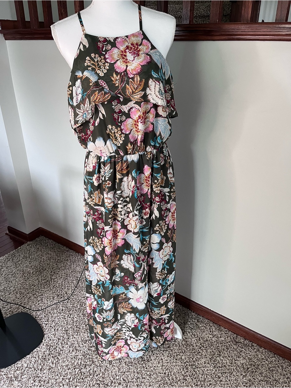 IZ Byer Floral Maxi Dress XL Olive Green Pink Halter Ruffle‎ Slit Sleeveless
